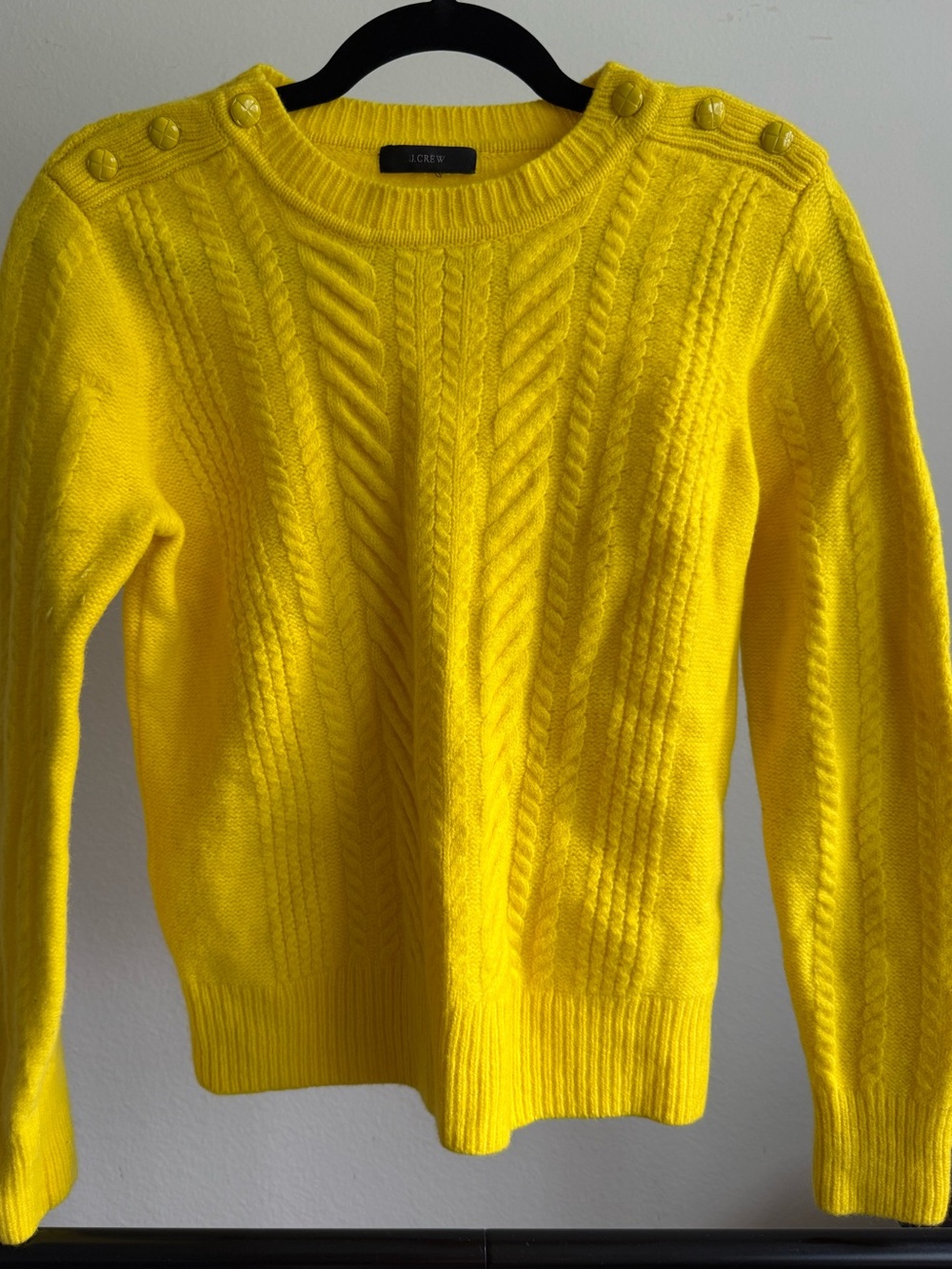 J.Crew Bright Yellow 100% Wool Cable Knit Shoulder Button Sweater